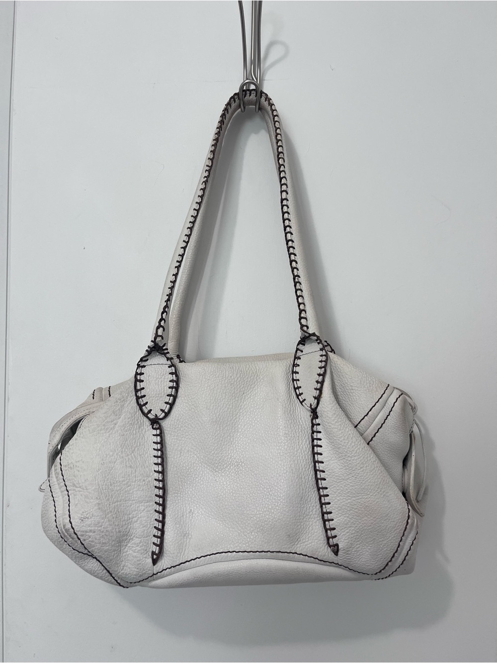 Carlos Falchi White Leather Whipstitch Shoulder Bag As Is